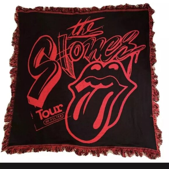 Rolling Stones Tour Black Red Fringe Throw Blanket Cotton 48 x 48 - Picture 1 of 4